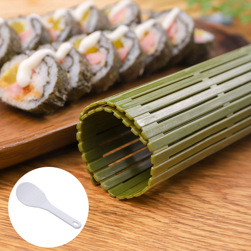 Sushi Making Kit - เครื่องทำซูชิม้วนซูชิ kimbap ปั้นข้าวทำจากพลาสติกสีเขียวขนาดใหญ่อุปกรณ์ทำซูชิแบบทำมือใช้ในครัวบ้าน